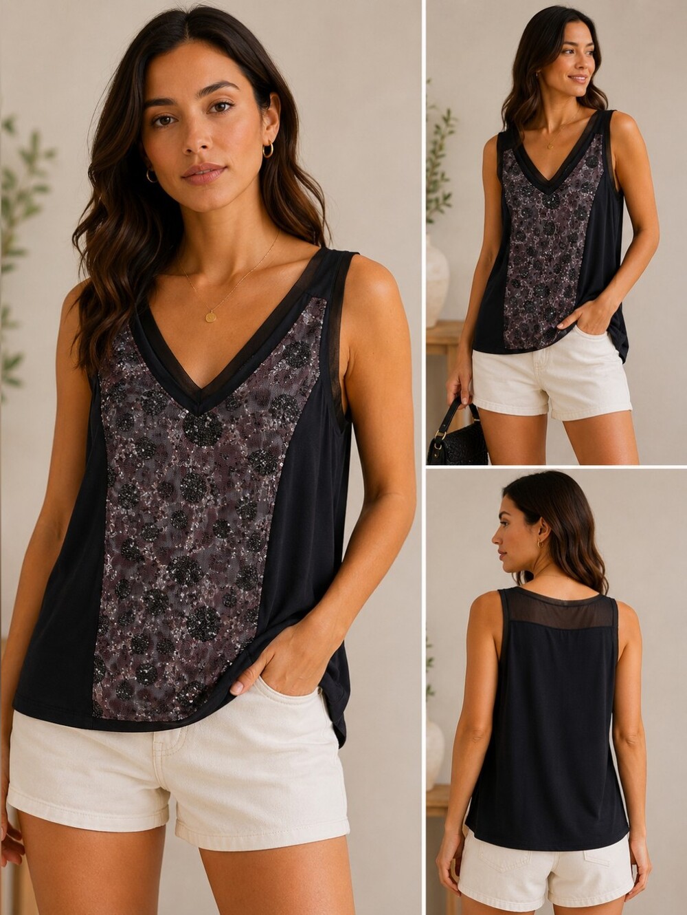 💙 CABLE & GAUGE Black Dressy Top with Mauve Sequin Floral Panel